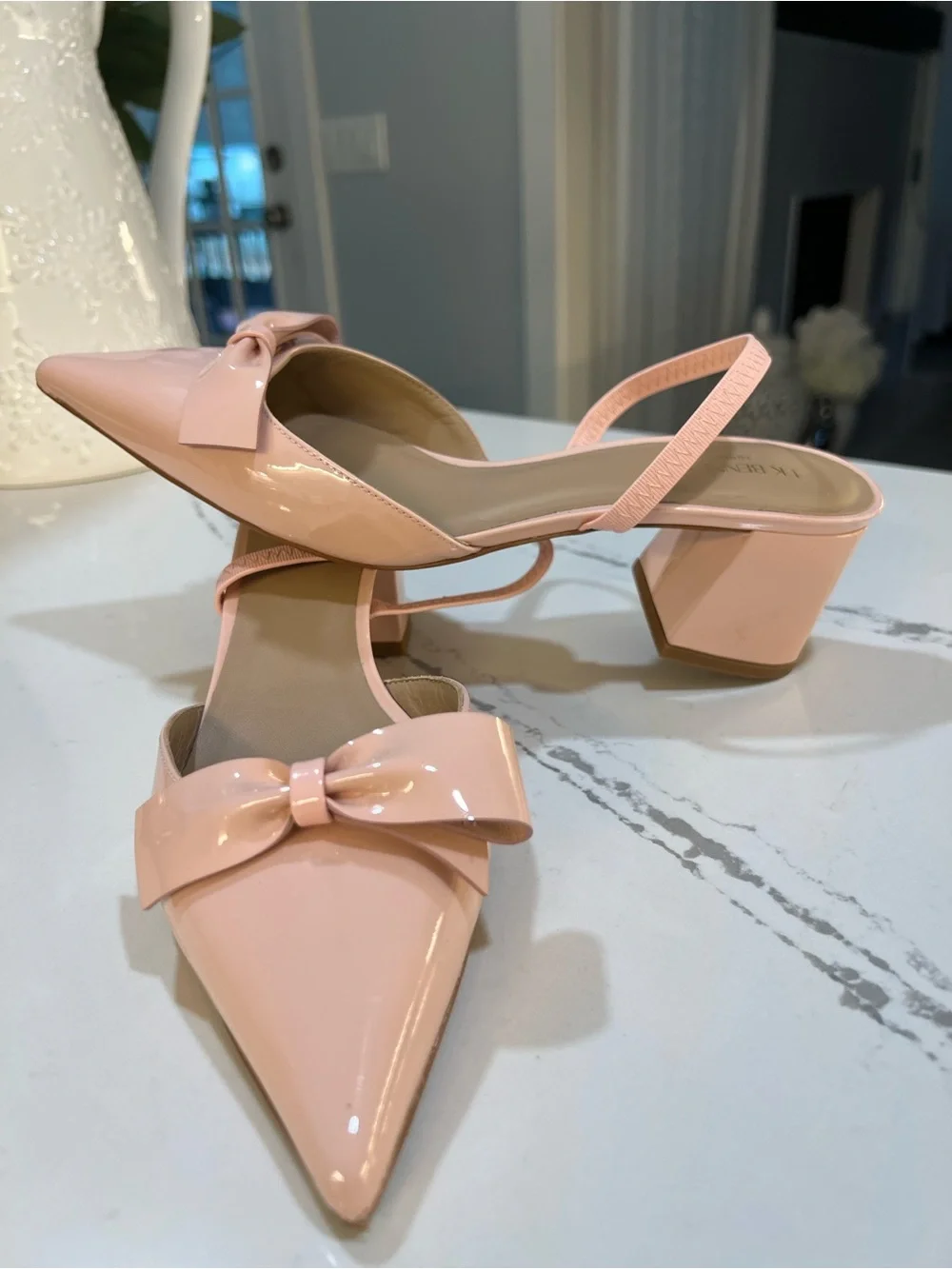 LK Bennett Patent Bow Pointed Slingback Heels in Blush Pink size 37 (6.5)
